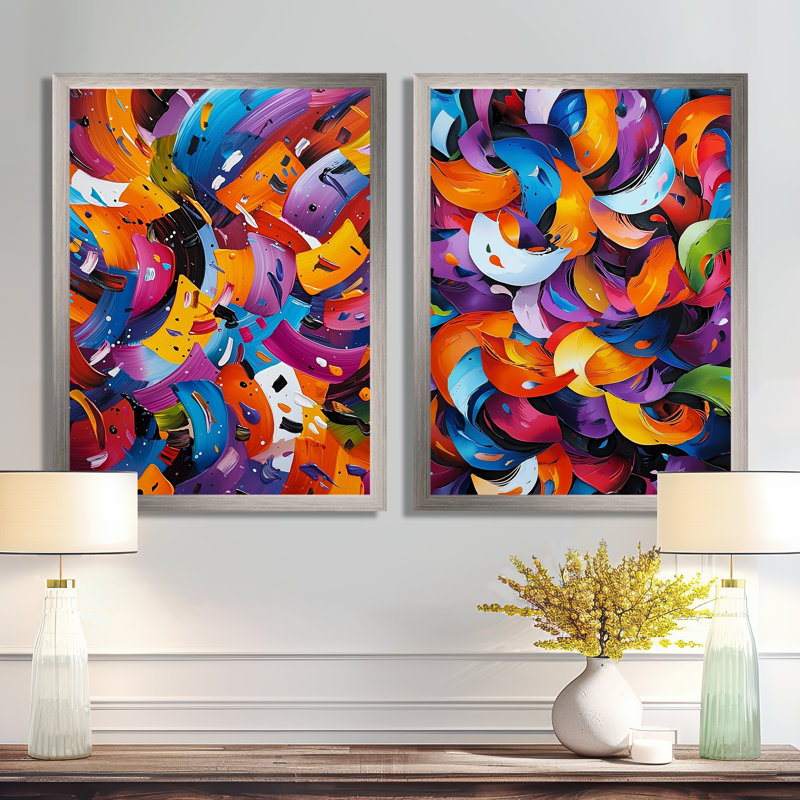 «Miami Pop Art», ensemble de 2 mosaïques colorées en papier I - Abstrait moderne, H 32 po x l 48 po, Cadre flottant brun