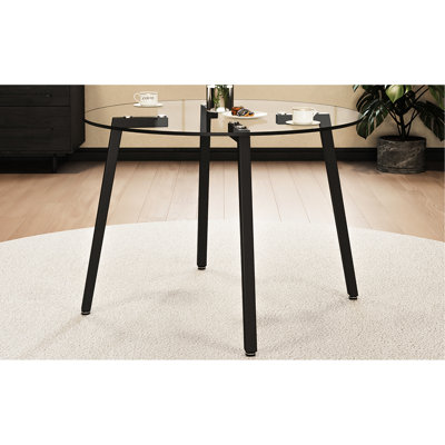 Table de salle à manger ronde moderne en verre trempé avec structure en métal, 42 po x 42 po x 29,5 po, pour un usage domestique avec des pieds noirs de 42 po x 42 po x 29,5 po