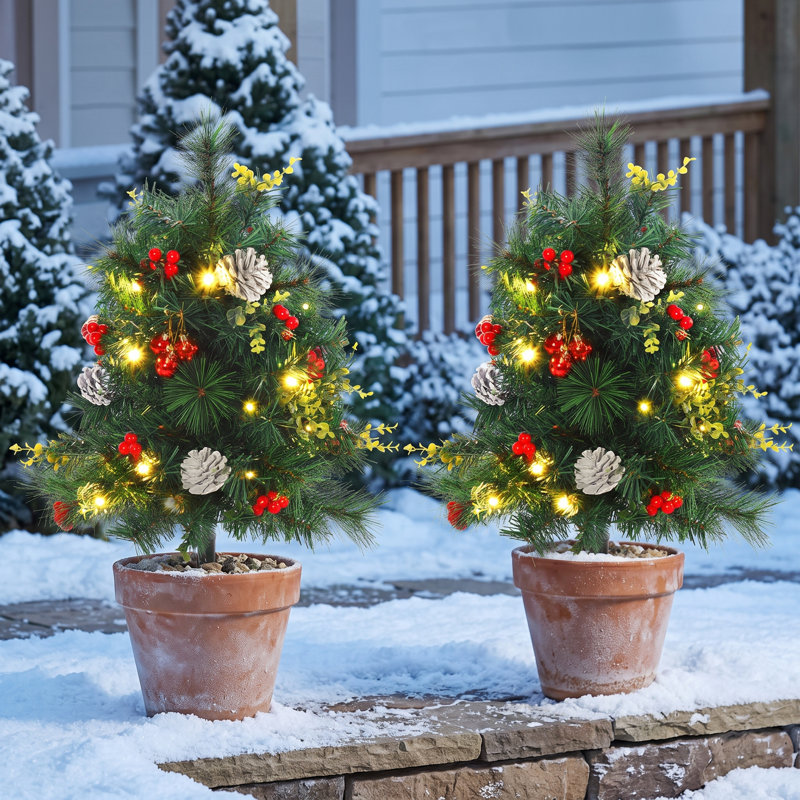 Ensemble de 2 sapins de Noël artificiels 24 po préinstallés sans cordon avec 24 lumières et piquets blanc chaud