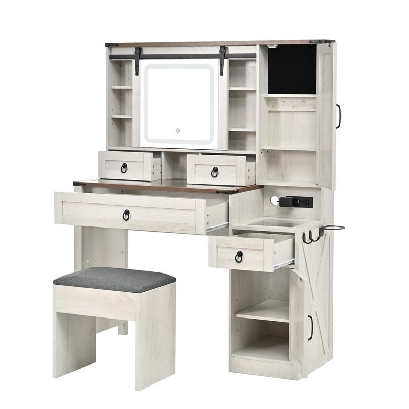 Vanity Desk with Sliding Mirror and Lights, Gray