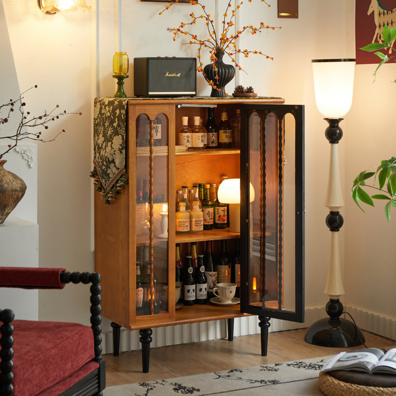 31.50" French Retro Two-Tone Brown & Black Solid Ash Wood Glass Wine Cabinet, Freestanding Wall Storage Sideboard, Tea & TV Display Cabinet for Living Room
