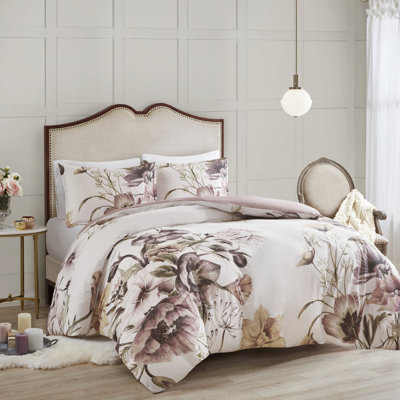 Housse de couette en coton pour lit double/queen, motif floral rose poudré, style shabby chic, 1 et 2 taies d'oreiller assorties, fermeture à boutons, attaches aux coins pour maintenir la couette en place, ensemble 3 pièces, imprimé, décoratif, motif floral, attaches.