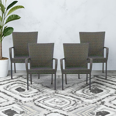 Ensemble de 4 chaises empilables d'extérieur, osier en PE gris avec pieds minces, chaises de patio contemporaines en rotin