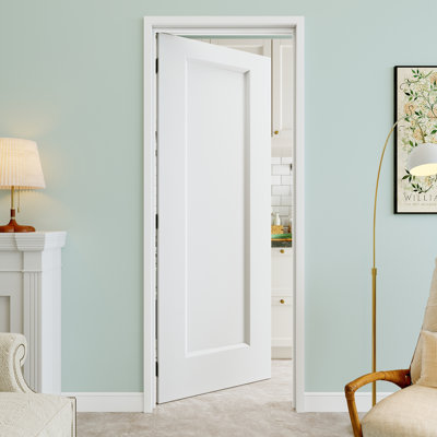 Porte intérieure pré-suspendue 28 po x 80 po à 1 panneau creux intérieur avec charnières noires, finition blanche et peinturable, durable et imperméable, combinaison pour la lessive, portes de placard, portes de pièce, gauche