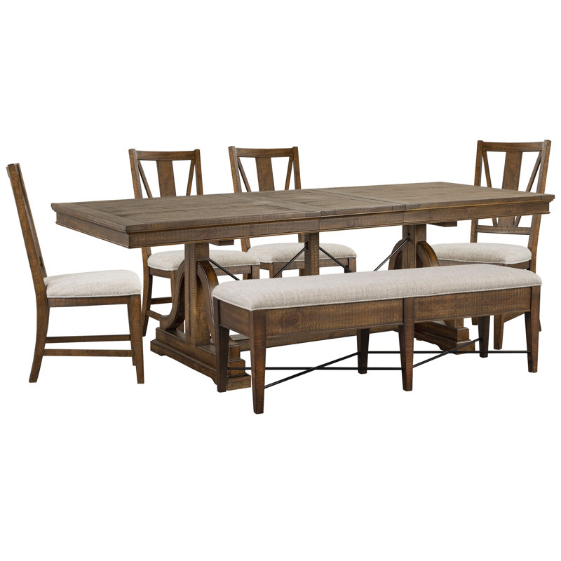Extendable Trestle Dining Table With 4 Side Chairs And Upholstered Bench, 6 Pieces: Table, Bench, 4 Chairs