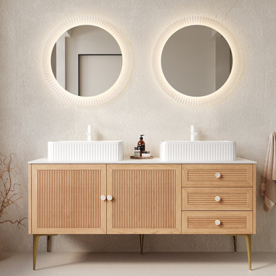 Meuble-lavabo de salle de bain de 60 po avec lavabos MUNIN, armoire de rangement autoportante en contreplaqué avec 4 pieds en métal, 2 portes et 3 tiroirs, 2 lavabos rectangulaires blancs en céramique, sans robinet, pré-assemblé, couleur grain de bois de chêne