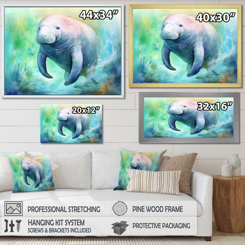 Gentle Manatee I - Art mural lamantin, Cadre flottant doré, H 16 po x l 32 po x P 1 po