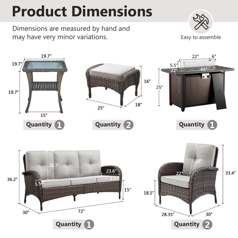 Aluel 7-Pieces Outdoor Wicker Patio Conversation Furniture Set with Rectangular Fire Pit Table, Beige