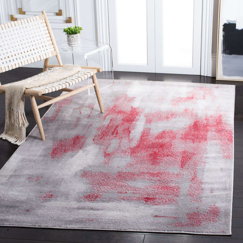 Tapis gris / rouge à motif abstrait, Rectangle 9 pi x 12 pi