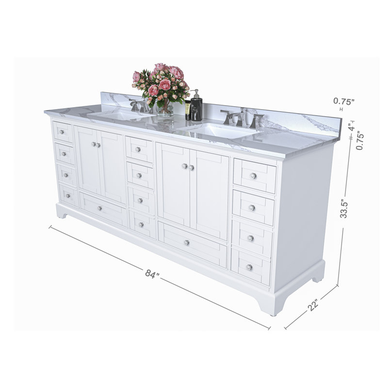 Audrey 84'' Free Standing Double Bathroom Vanity with Calacatta Quartz Top, White, Brushed Nickel