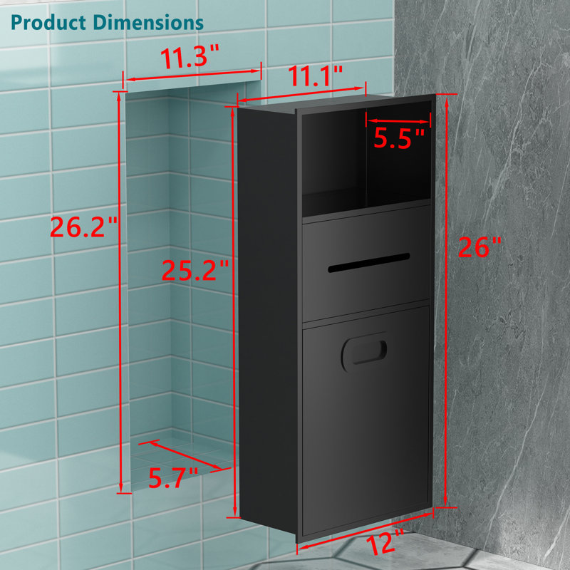 12"W x 26"H Built-in Trash Can Alcove, Stainless Steel Recessed Niche with Toilet Paper Storage, Waterproof Kitchen & Bathroom Organizer for Residential/Commercial Use