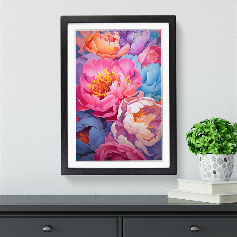 Peony Flower Colour Field - Single Picture Frame Print on Wood, Black Framed, 46cm H x 34cm W x 2cm D