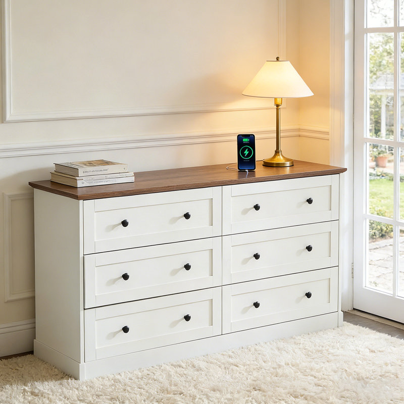 Farmhouse Dresser with Power Outlet, 6-Drawer Storage Organizer Chest with Charging Station, Rustic Dresser For Bedroom, Living Room, Hallway