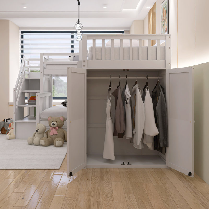 Twin-Twin over Full L-Shaped Bunk Bed with 3 Drawers, Portable Desk and Wardrobe, White