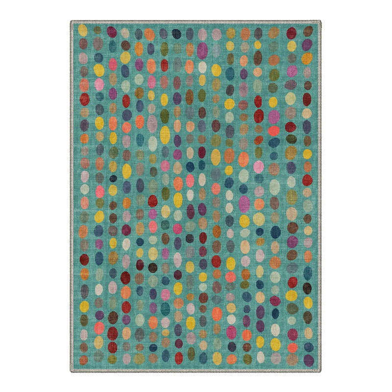 Aamir Evoque Modern Machine Washable Beige Indoor Area Rug with Non-Slip Backing, Round 5', Turquoise