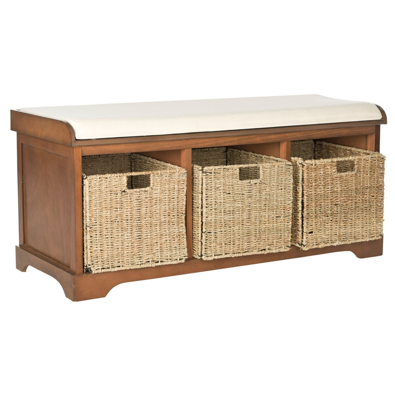 Aniella Faux Leather Upholstered Modern Storage Bench, Pine Wood Woven 3 Baskets for Mudroom and Entryway, Walnut