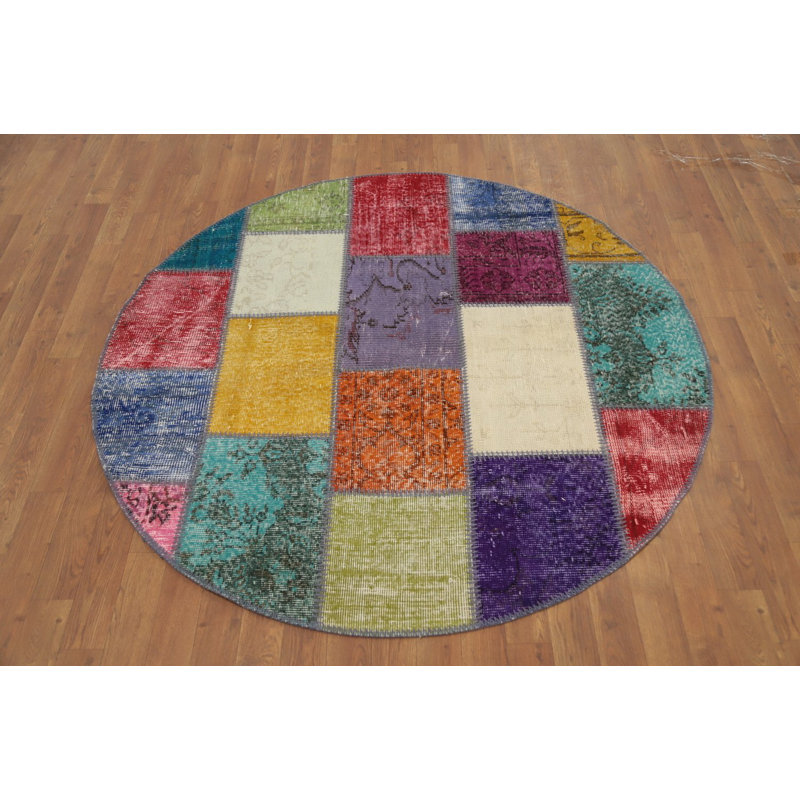 Distressed Modern Patchwork Round Area Rug 5x5
