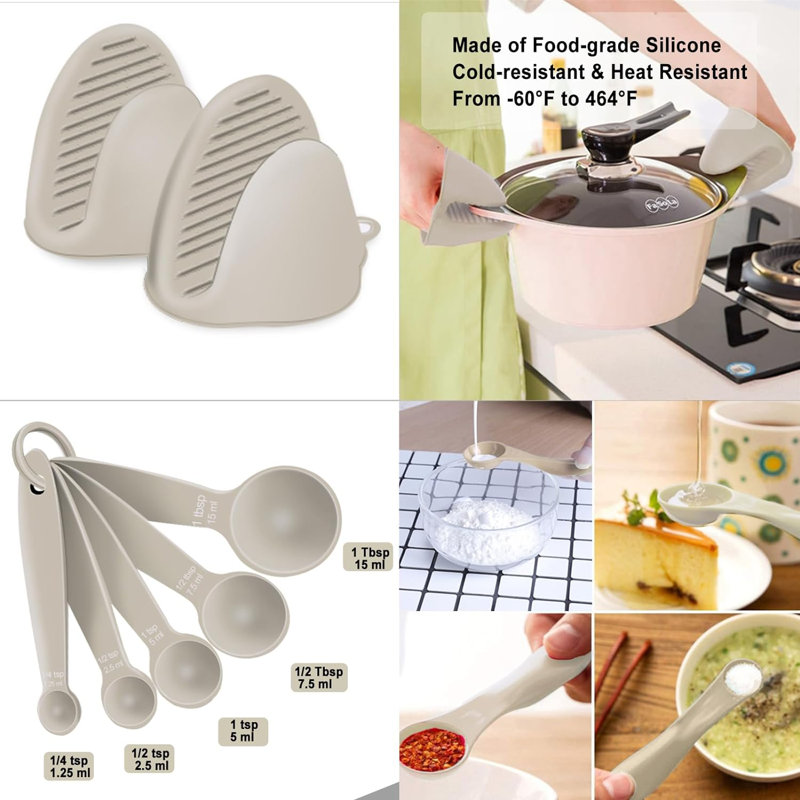 19-Piece Khaki Silicone and Wood Cooking Utensil Set