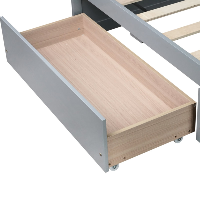 Lit simple gris en bois d'hévéa massif, 2 tiroirs pour les vêtements et le rangement avec tiroirs, lit en bois, surface de sommeil confortable, grande capacité de tiroir