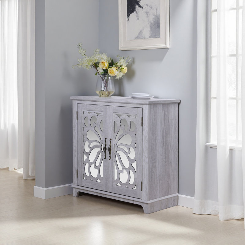 Élégant buffet avec 2 portes en miroir en acrylique et buffet avec rangement, armoires décoratives creuses et support en panneau de fibres à densité moyenne, tablette spacieuse réglable, salon, cuisine