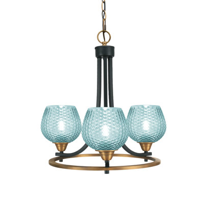 Paramount 3 Light Chandelier Matte Black & Brass Finish 6" Turquoise Glass