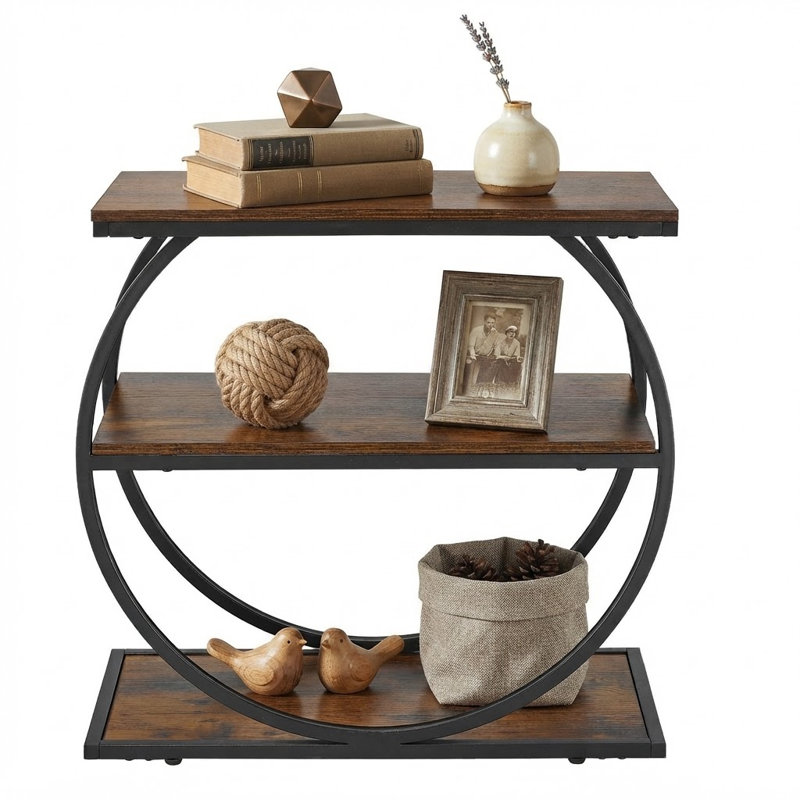 Table d'appoint à 3 niveaux avec structure métallique circulaire, style industriel moderne, faisant également office de table de chevet avec étagères de rangement ouvertes, couleur brun rustique.