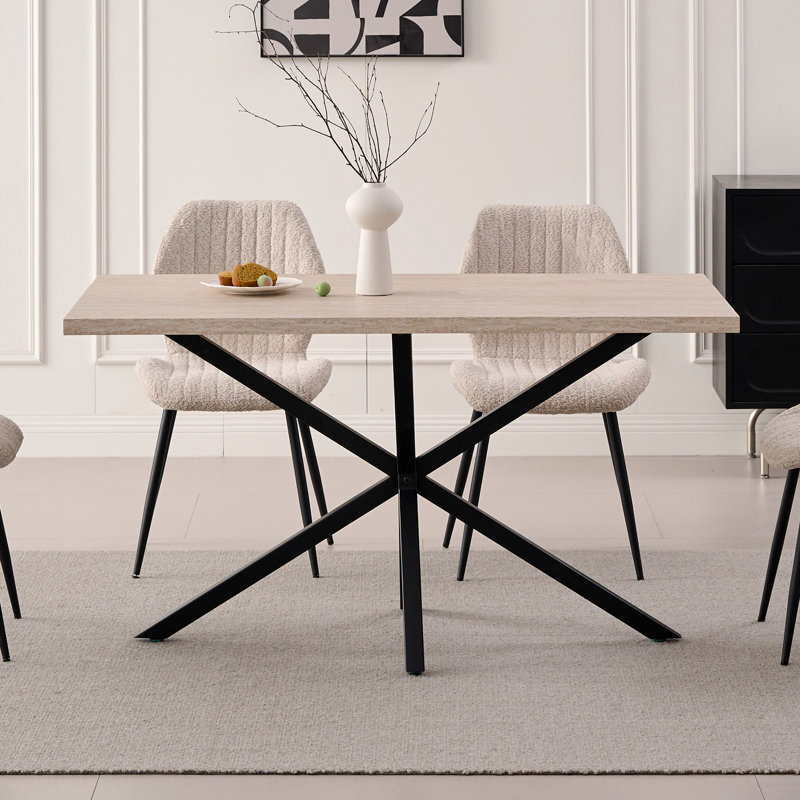 55.1" Rectangle Dining Table for 2 4, Small Mid Century Modern Kitchen Table with Metal Cross Legs for Apartment, Dining Room