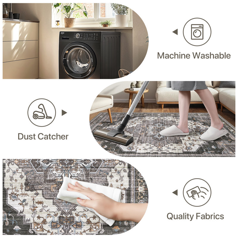 Oriental Area Rug, Vintage Low Pile Non-Slip Machine Washable Area Rug, Black/Grey/Beige, Runner 60 x 120 cm