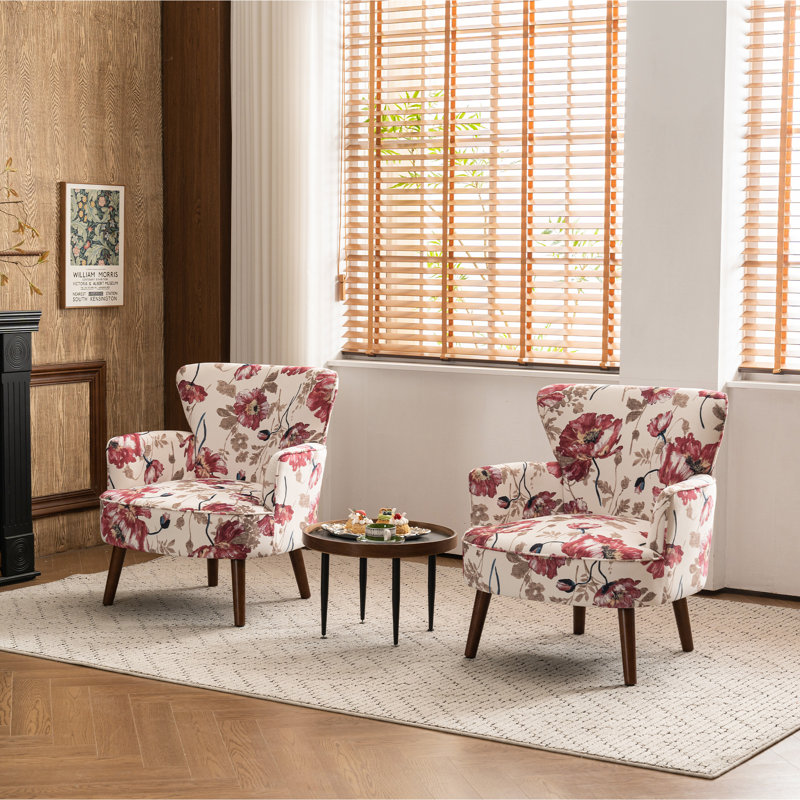 Upholstered Mid Century Modern Accent Armchair with Solid Wood Legs, Pink