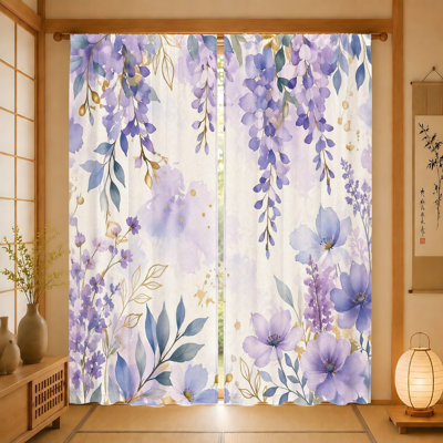 2Pcs Lavender Wisteria Floral Curtains, Light Filtering Fabric, Artistic Watercolor Bloom Pattern, Privacy Protection, Rod-Pocket Design, for Living Room Bedroom Balcony Kitchen Home Decor