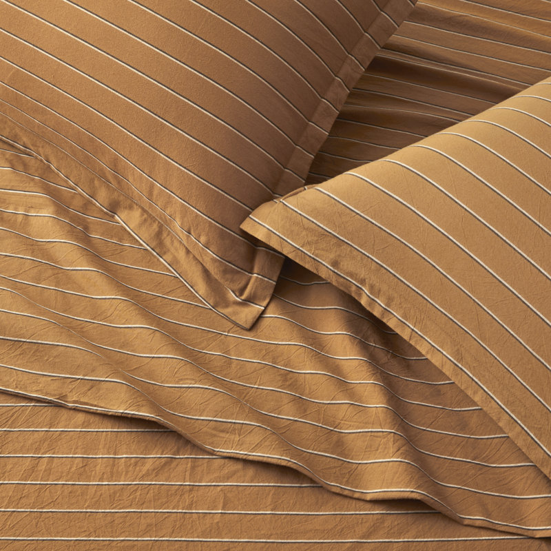 Dione Mid-Century Modern Percale Striped Duvet Cover, Burnt Orange, Queen Duvet Cover + 2 Queen Shams