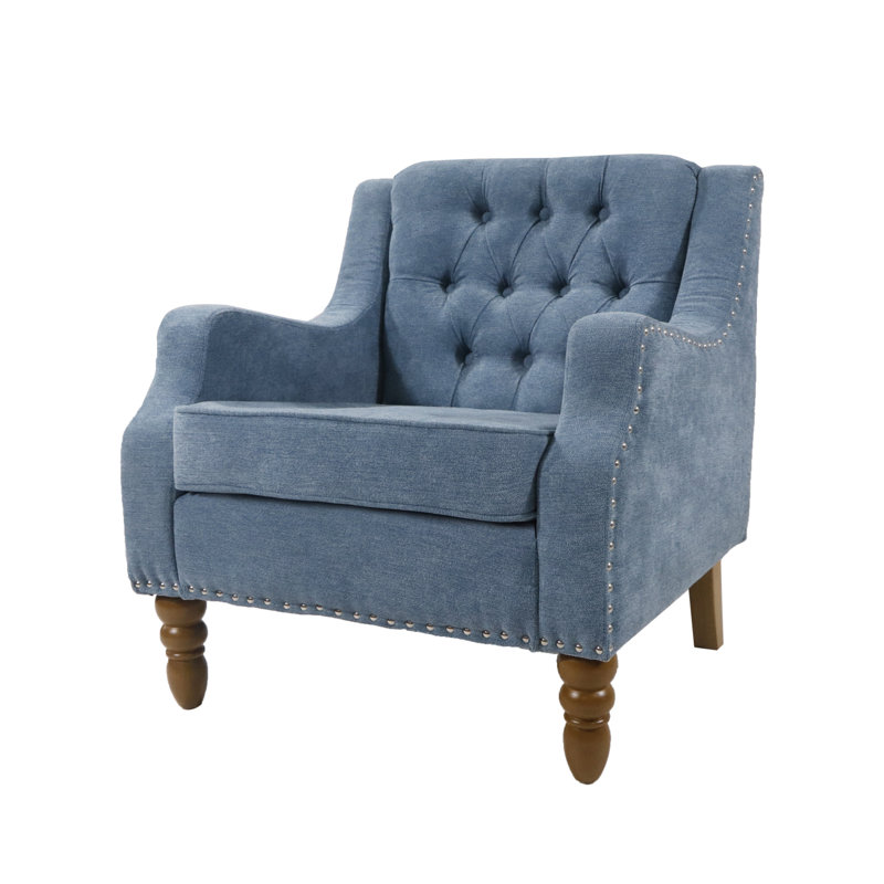 Accent Chair, Living Room Chair, Footrest Chair Set with Vintage Brass Studs, Blue Linen
