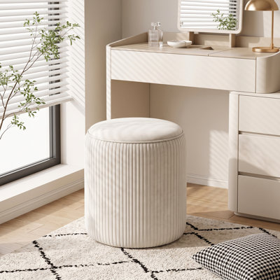 Flocked Storage Vanity Stool, Round Velvet Makeup Ottoman Chair with Hidden Storage, Modern Ribbed Footstool Footrest Seat for Vanity Room, Bedroom, Dressing Area, Living Room, 15.7" D x 16.9" H, Beige