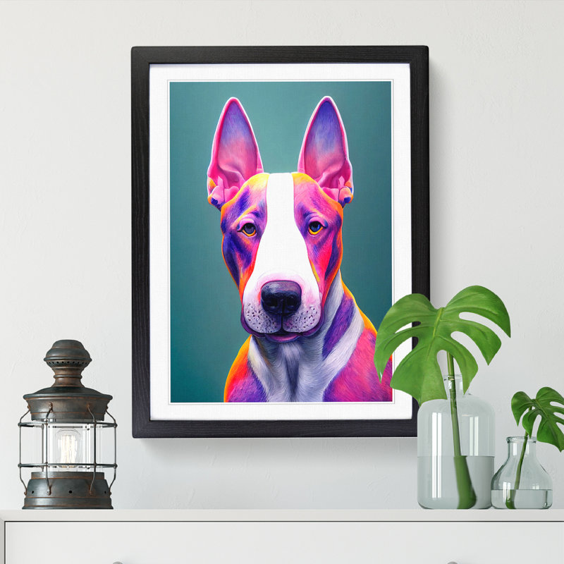 Neetu English Bull Terrier Neon - Picture Frame Print, 64cm H x 46cm W x 2cm D, Black