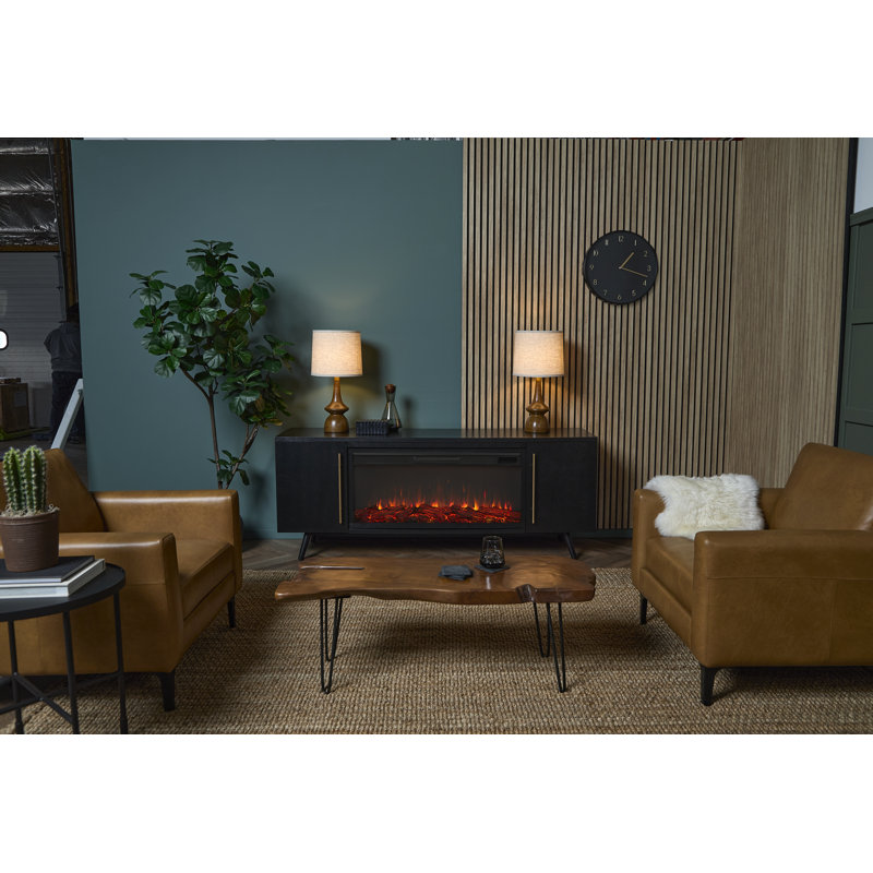 Morris 72" Mid-Century TV Stand with Electric Fireplace by Real Flame, Black, Standard