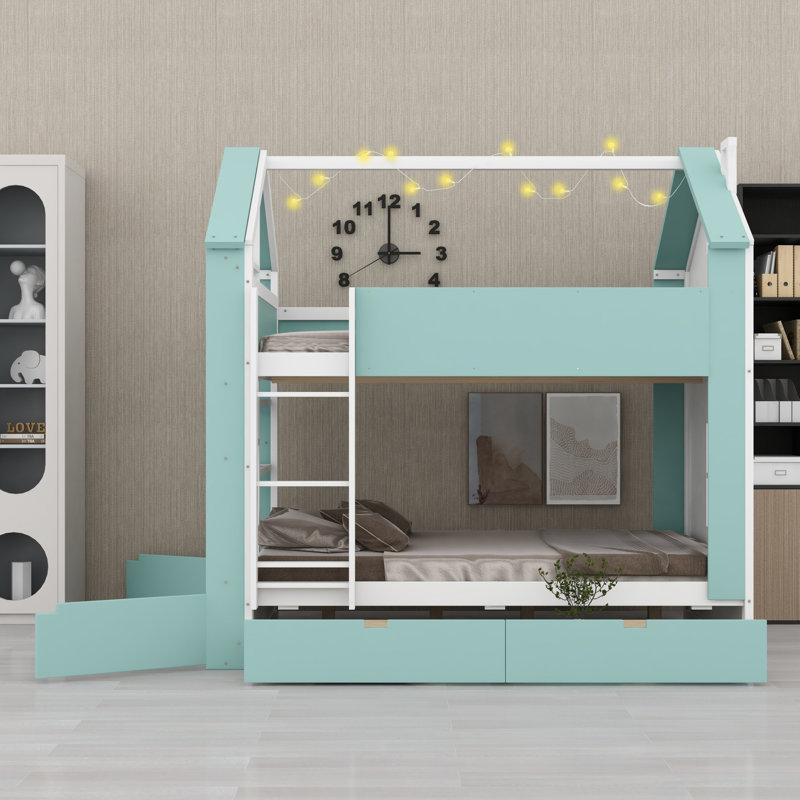 Lit superposé Modern Modern, tiroirs de rangement, tablettes et bande lumineuse, Lit double, Blanc et bleu
