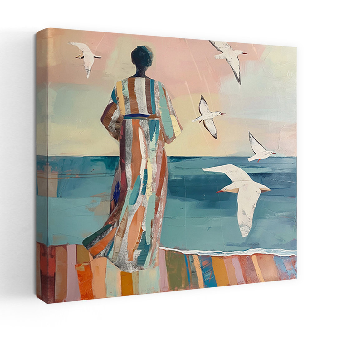 Coastal Woman And Birds Contemporary Modern Seagull Bird Beach Ocean Wall Art Print