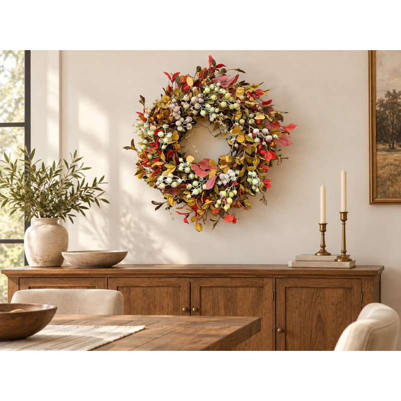 Couronne de brindilles d'automne rustique artificielle 24 po 24 po, Orange;Pink