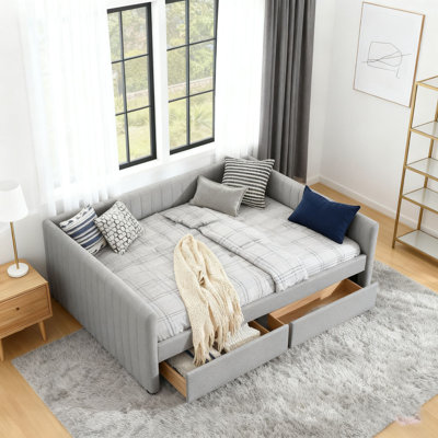 Queen Size Daybed with Two Drawers Trundle Upholstered Sofa Bed