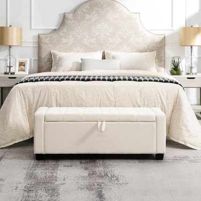 Banc de rangement beige de 48 po, banc d'entrée avec charnière, capitonnage à boutons et coutures en losange, capacité de 350 lb, style moderne pour la chambre à coucher, le salon, le rembourrage en mousse, le contreplaqué de pin de 48 po, beige