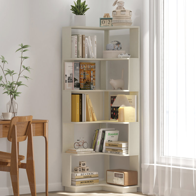 6-Tier L-Shaped Corner Bookshelf With Anti-Tip Device,White Oak Wooden Bookcase For Living Room & Bedroom, White Oak