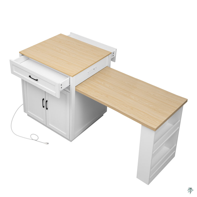 Kitchen Island With Extendable Dining Table For 4-6 Person,Two-Tone Kitchen Table With Double-Sized Storage, Power Outlet, With Storage 2 Drawers 2 Side Open Shelves