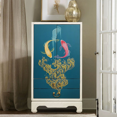 Solid Wood Storage Cabinet with Hand-Painted Art