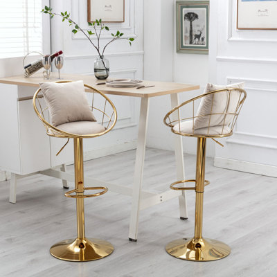 Chaise de bar en velours Krisheena, plaquée or pur, conception unique, rotation à 360 degrés.