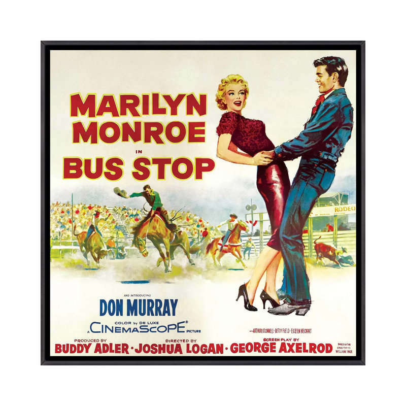 Arrêt de bus (scène de rodéo) - Publicité imprimée, H 18 po x l 18 po x 1,5 po, Aucun mat, Toile avec cadre noir patiné