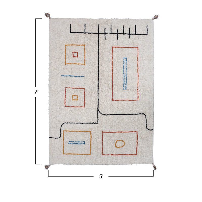 Tapis touffeté en coton délavé à la pierre avec motif abstrait et pampilles