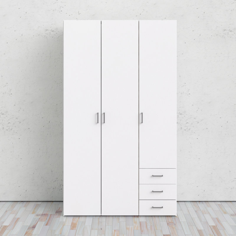 Wardrobe With Three Doors And Three Drawers, 200cm H x 116cm W x 50cm D, White
