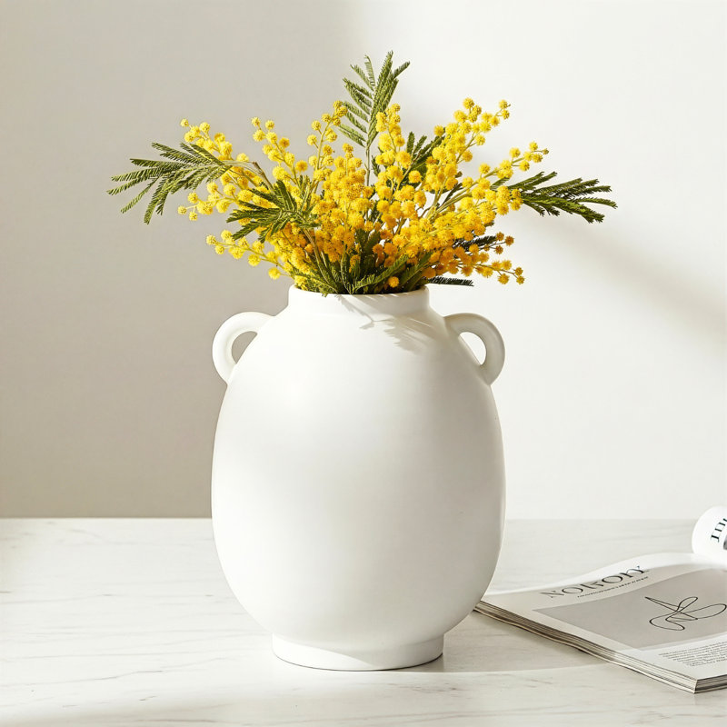  Soma 9" Matte White Ceramic Vase With Handles, White, 9 inch