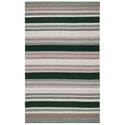 Dhurries Flat Weave Wool/Cotton Striped Rug in Green/Gray