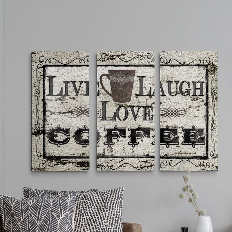 « live, rire, amour », art textuel à multiples images sur toile, H 32 po x l 48 po x P 1,5 po